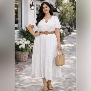 Chic White Maxi Dress with fluttered sleeves.  2x best fit for large/xl PTP 22.